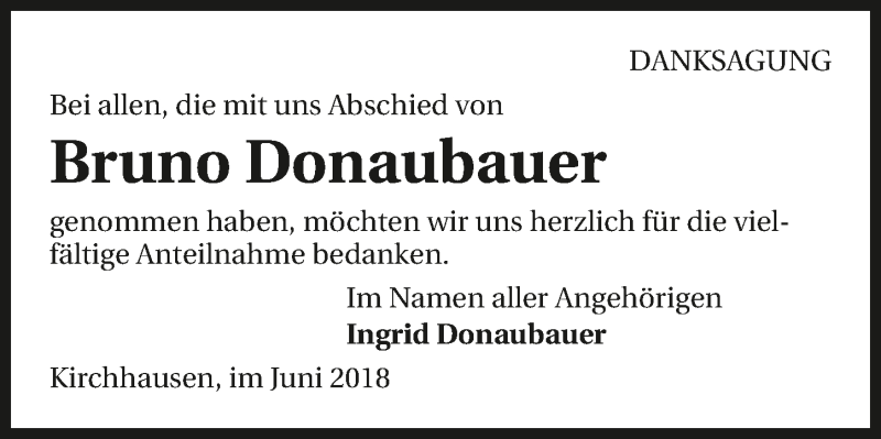  Traueranzeige für Bruno Donaubauer vom 19.06.2018 aus 