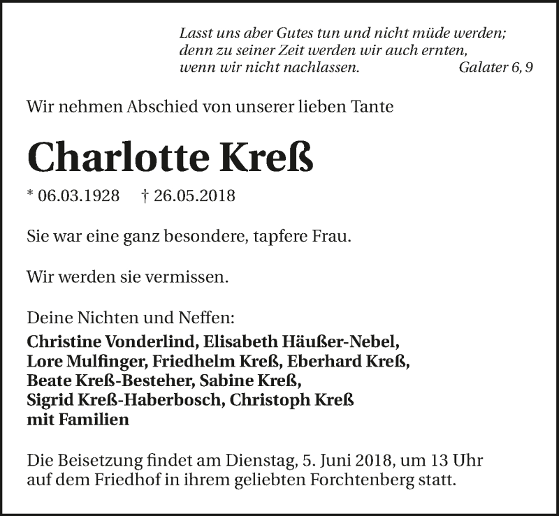  Traueranzeige für Charlotte Kreß vom 02.06.2018 aus 