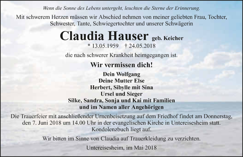  Traueranzeige für Claudia Hauser vom 04.06.2018 aus 