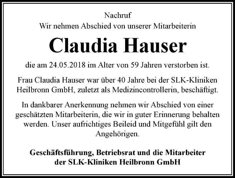  Traueranzeige für Claudia Hauser vom 04.06.2018 aus 