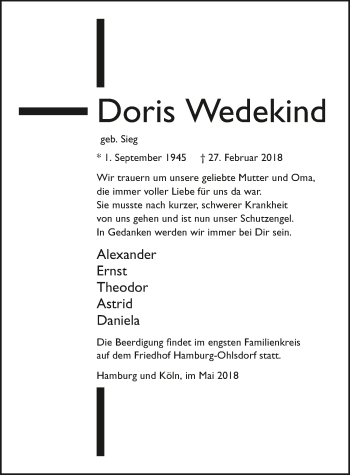 Traueranzeige von Doris Wedekind 