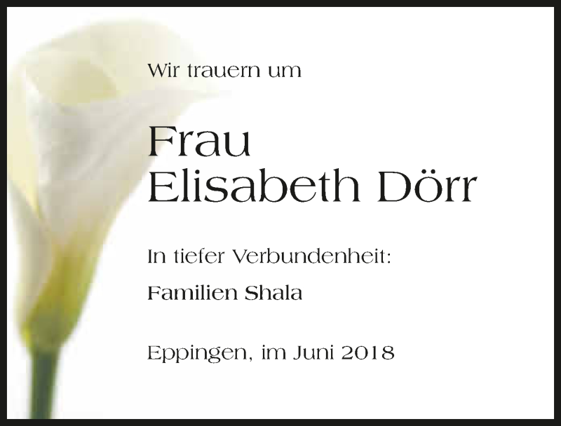  Traueranzeige für Elisabeth Dörr vom 08.06.2018 aus 