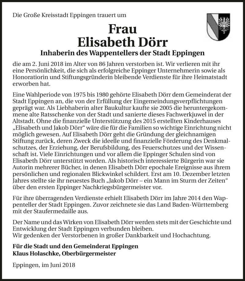 Traueranzeige für Elisabeth Dörr vom 08.06.2018 aus 
