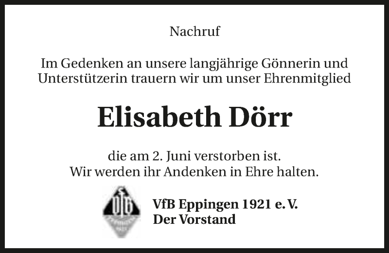  Traueranzeige für Elisabeth Dörr vom 08.06.2018 aus 