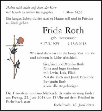 Traueranzeige von Frida Roth 