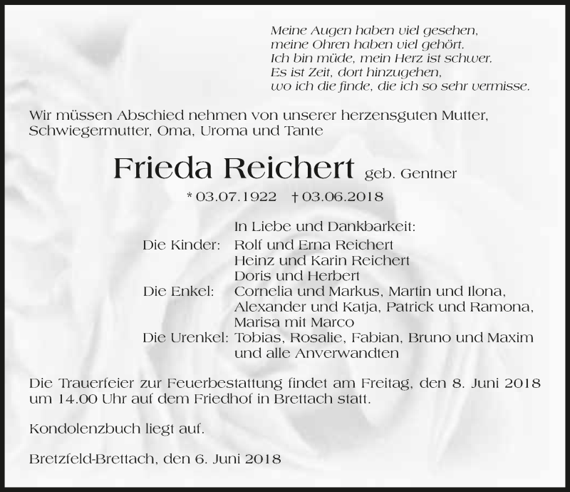  Traueranzeige für Frieda Reichert vom 06.06.2018 aus 