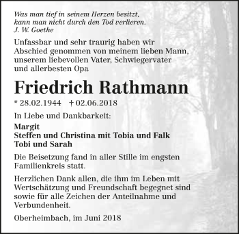 Traueranzeige von Friedrich Rathmann 