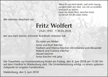 Traueranzeige von Fritz Wolfert 