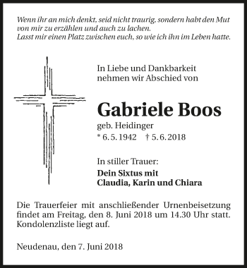 Traueranzeige von Gabriele Boos 