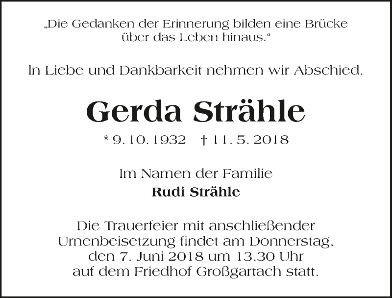  Traueranzeige für Gerda Strähle vom 04.06.2018 aus 