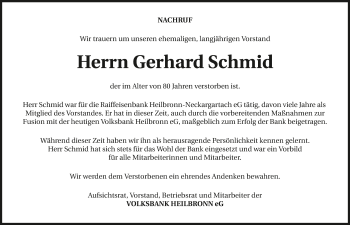 Traueranzeige von Gerhard Schmid 
