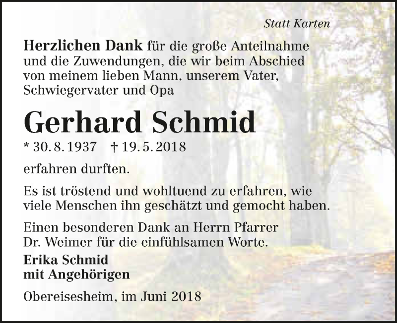  Traueranzeige für Gerhard Schmid vom 16.06.2018 aus 