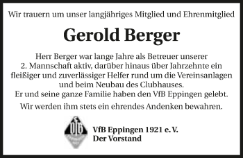 Traueranzeige von Gerold Berger 