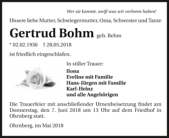 Traueranzeige von Gertrud Bohm 