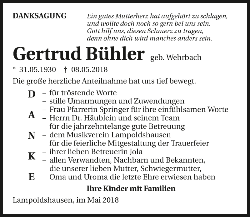  Traueranzeige für Gertrud Bühler vom 01.06.2018 aus 