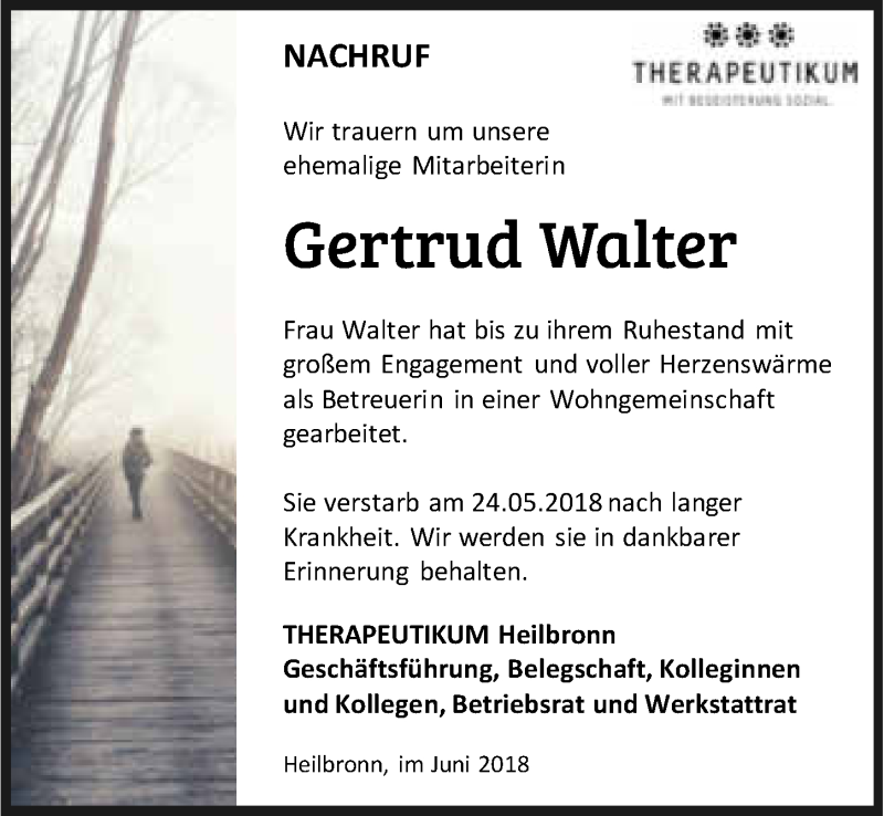  Traueranzeige für Gertrud Walter vom 09.06.2018 aus 