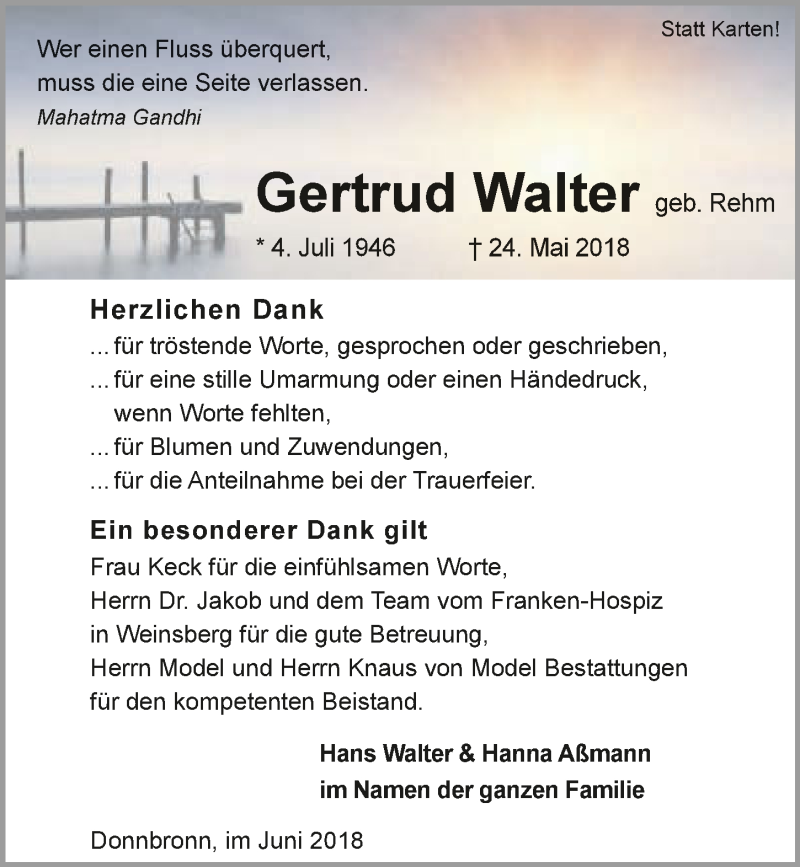  Traueranzeige für Gertrud Walter vom 23.06.2018 aus 