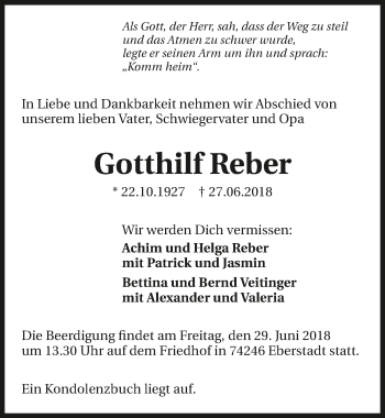 Traueranzeige von Gotthilf Reber 