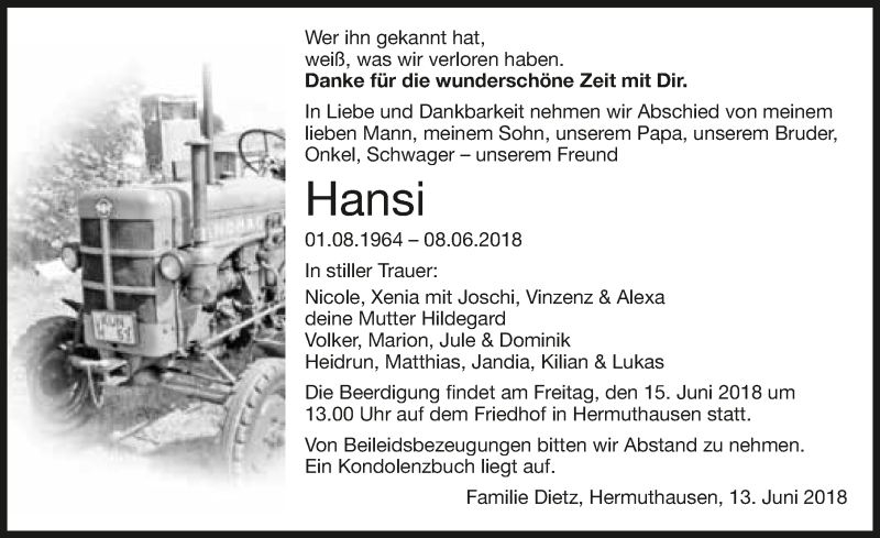  Traueranzeige für Hansi  vom 13.06.2018 aus 