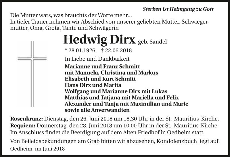  Traueranzeige für Hedwig Dirx vom 23.06.2018 aus 