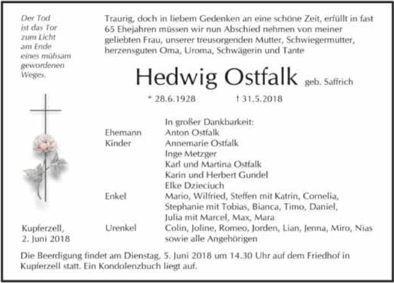  Traueranzeige für Hedwig Ostfalk vom 02.06.2018 aus 