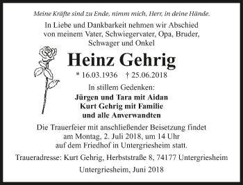 Traueranzeige von Heinz Gehrig 