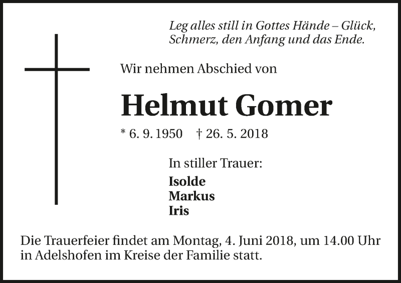  Traueranzeige für Helmut Gomer vom 01.06.2018 aus 