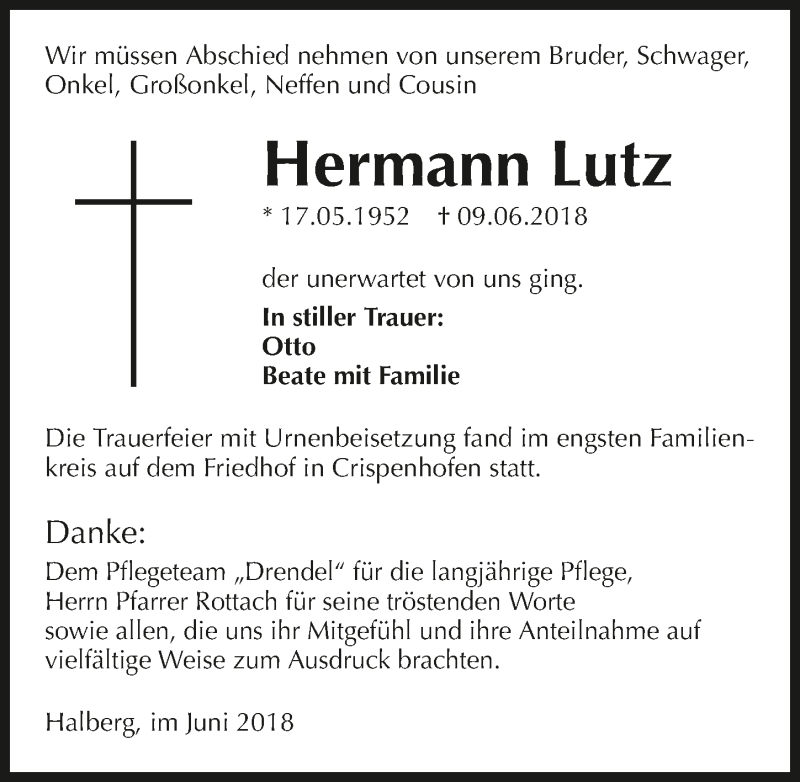  Traueranzeige für Hermann Lutz vom 22.06.2018 aus 