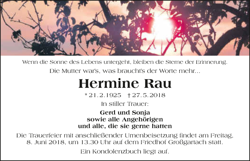  Traueranzeige für Hermine Rau vom 05.06.2018 aus 