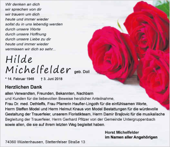 Traueranzeige von Hilde Michelfelder 