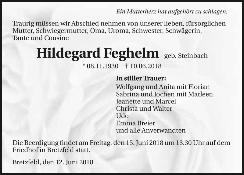  Traueranzeige für Hildegard Feghelm vom 12.06.2018 aus 