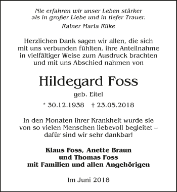 Traueranzeige von Hildegard Foss 