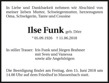 Traueranzeige von Ilse Funk 
