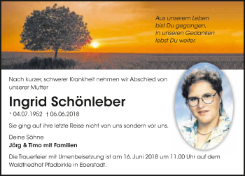 Traueranzeige von Ingrid Schönleber 