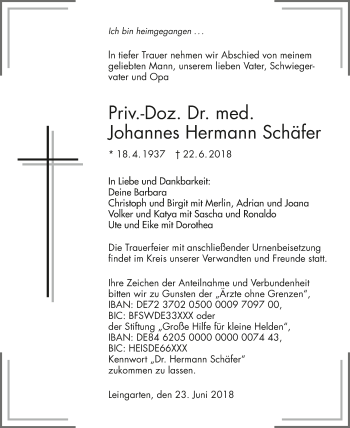 Traueranzeige von Johannes Hermann Schäfer 