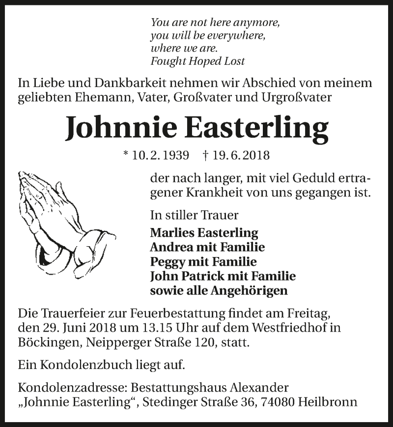  Traueranzeige für Johnnie Easterling vom 26.06.2018 aus 
