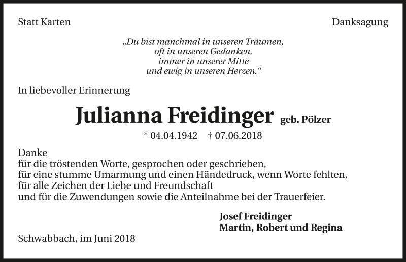  Traueranzeige für Juliana Freidinger vom 23.06.2018 aus 