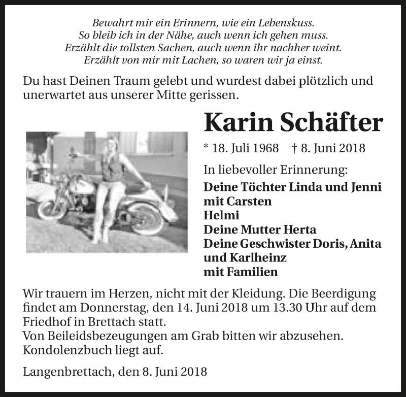  Traueranzeige für Karin Schäfter vom 12.06.2018 aus 