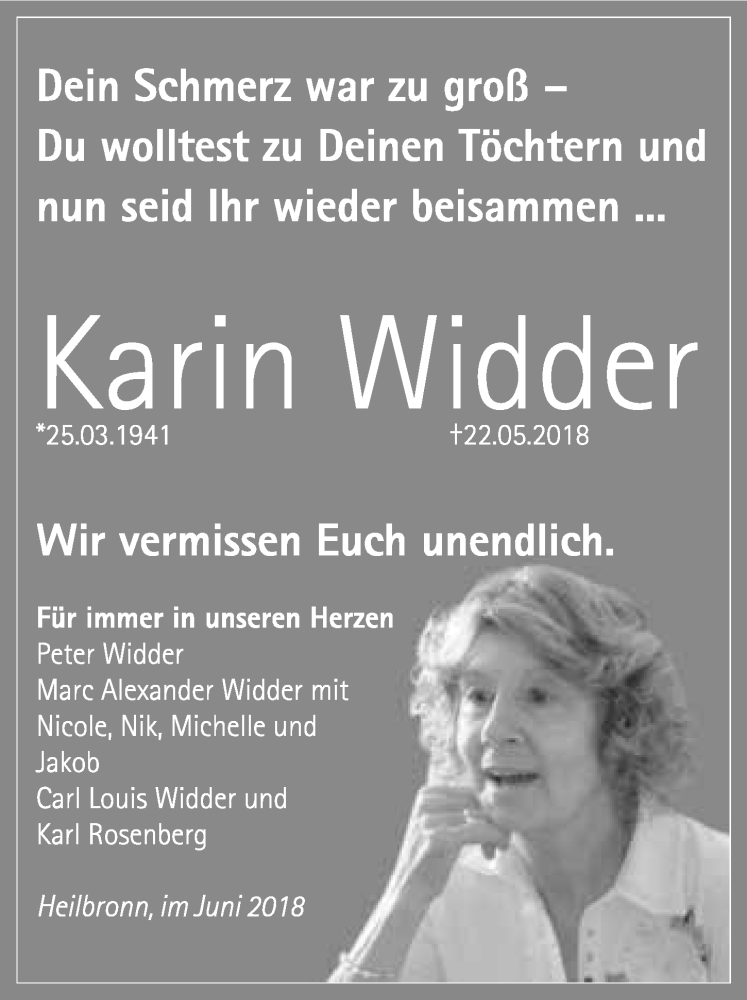  Traueranzeige für Karin Widder vom 09.06.2018 aus 