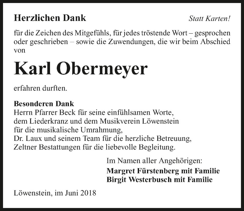  Traueranzeige für Karl Obermeyer vom 08.06.2018 aus 