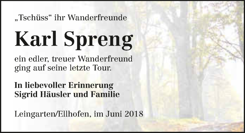  Traueranzeige für Karl Spreng vom 23.06.2018 aus 