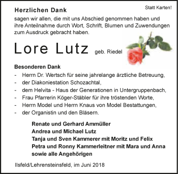 Traueranzeige von Lore Lutz 