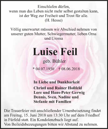Traueranzeige von Luise Feil 