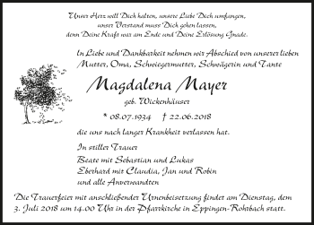 Traueranzeige von Magdalena Mayer 