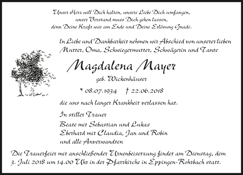  Traueranzeige für Magdalena Mayer vom 28.06.2018 aus 