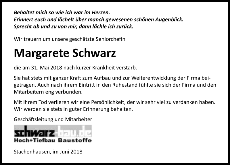  Traueranzeige für Margarete Schwarz vom 04.06.2018 aus 