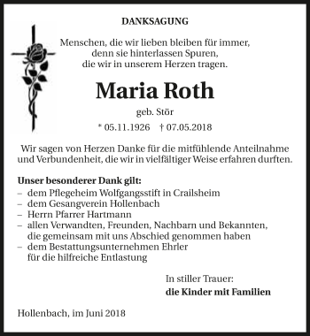 Traueranzeige von Maria Roth 
