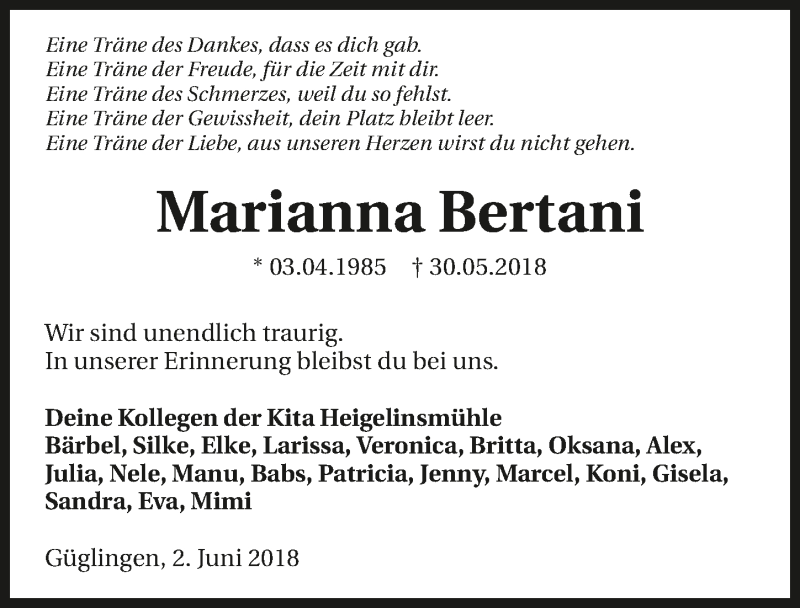  Traueranzeige für Marianna Bertani vom 02.06.2018 aus 