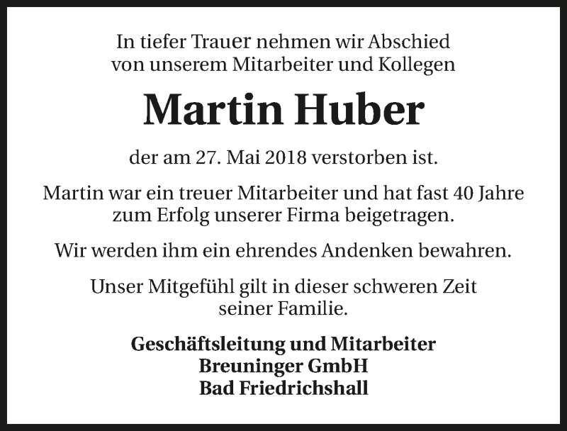  Traueranzeige für Martin Huber vom 02.06.2018 aus 
