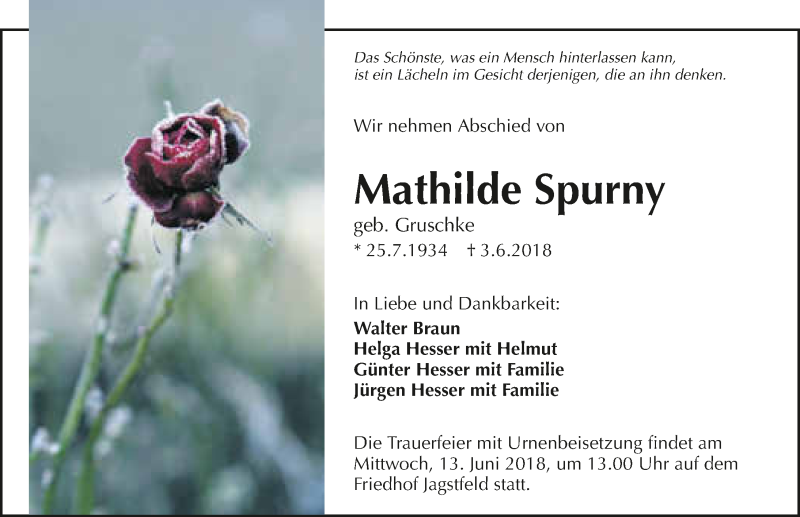  Traueranzeige für Mathilde Spurny vom 09.06.2018 aus 